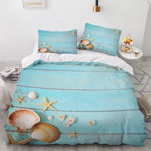 HABEAT 3D BettwäSche Maritime 200x200cm 3teilig Seestern Muschel BettwäSche Set mit Reißverschluss Sommer Weich Mikrofaser Winter Warm Bettbezüge mit 2 Kissenbezüge 80x80 cm?Stil 118-10?