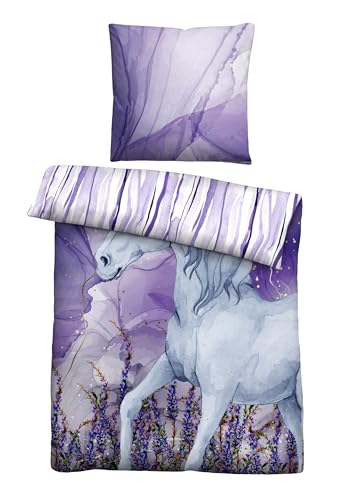 Traumhaft schlafen - Castell - Markenbettwäsche Baumwoll Renforce Bettwäsche 0400910 Einhorn 1x 135x200 cm + 1x 80x80 cm, violett