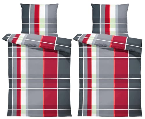 one-home Bettwäsche Mikrofaser Garnitur Bettbezug modern viele Muster mit Reißverschluss, Farbe:Kariert rot, Größe:4 teilig 135x200 cm