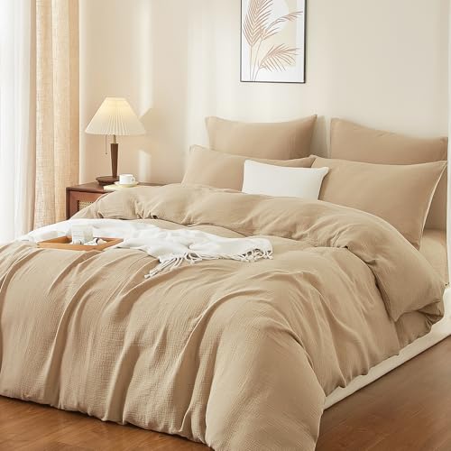 Boqingzhu Doppelte Muslin Bettwäsche 220×240 cm Beige Braun Baumwolle – Temperaturregulierend Atmungsaktiv Weich– Winter Sommer Bettbezug mit Reißverschluss & 2X Kissenbezug 80x80