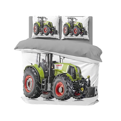 FEBE 3D Bettwäsche Tractor Bettbezug-Set 135x200 + Kissenbezug 80x80 cm Wendebettwäsche 2 Teilig mit Reißveschluss