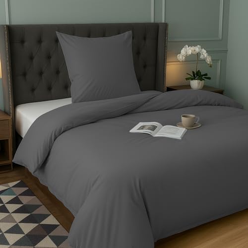 Terra Beds Bettwäsche 135 x 200 cm Set – Weicher Bettbezug aus Polyester-Baumwolle mit Kissenbezug 80 x 80 cm – Atmungsaktive, knitterfreie und Pflegeleichte Bettwäsche – Anthrazit