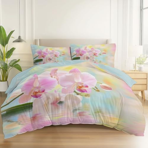 Bettwäsche-Sets mit Daunendecke Hellblau, Sanft Hautsympathisch Mikrofaser Set Einfache Florale Reflexion, Pflegeleicht + Kissen 240 x 220 cm
