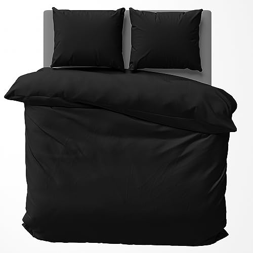 Visaggio Baumwolle Bettwäsche Uni 135x200 cm Bettbezug Garnitur Set Einfarbig Schwarz