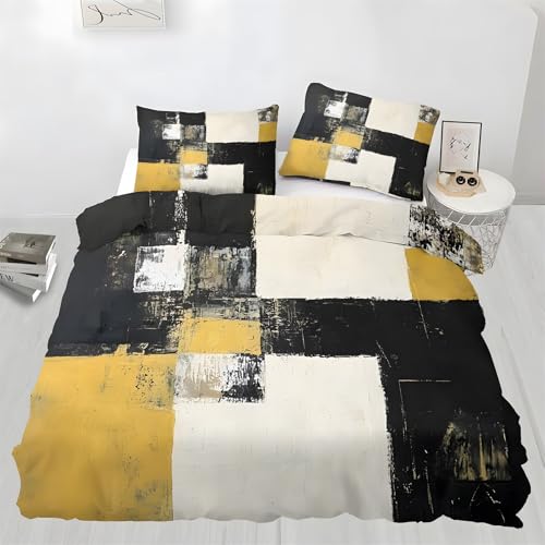 Ypthriline Bettwäsche 155x220 Black Gold Square Bettwäsche 3teilig Ölgemälde Bettbezug Mikrofaser mit Reißverschluss mit 2 Kissenbezug 80x80