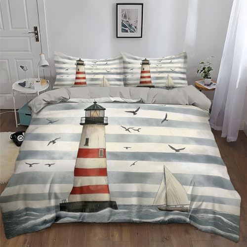 Bettwäsche 155x220cm Gestreifter Leuchtturm Boot Vogel Bettbezug Set, Weich Atmungsaktiv Polyester Baumwolle Bettwäsche 3 teilig, für Erwachsene Kinder mit 2 Kissenbezug 80x80 cm