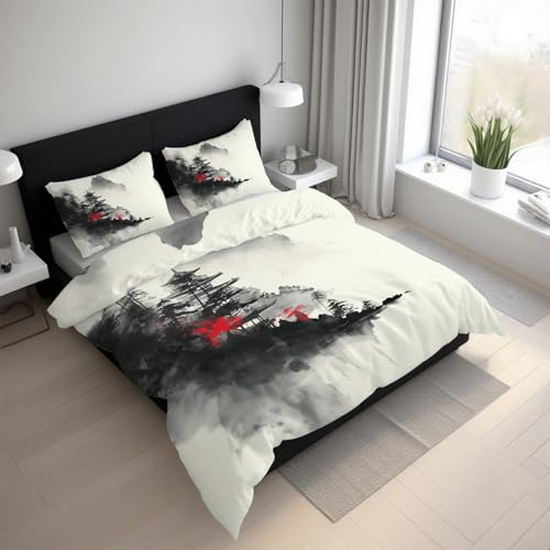 Generisch Tuschemalerei Bettwäsche 200x220cm, Asiatisch Orientalisch Bettwäsche-Sets 3 Teilig, Bettbezug + 2 Kissenbezüge 80x80cm Weich Mikrofaser mit Reißverschluss 21D&-46