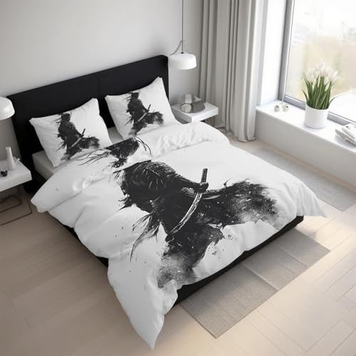 Generisch Samurai Bettwäsche 135x200 2teilig, Orientalisch Japanischer Stil Bettwäsche-Sets mit Reißverschluss, Microfaser Weiche Bettbezug mit Kissenbezüge 80×80 LGS14sL
