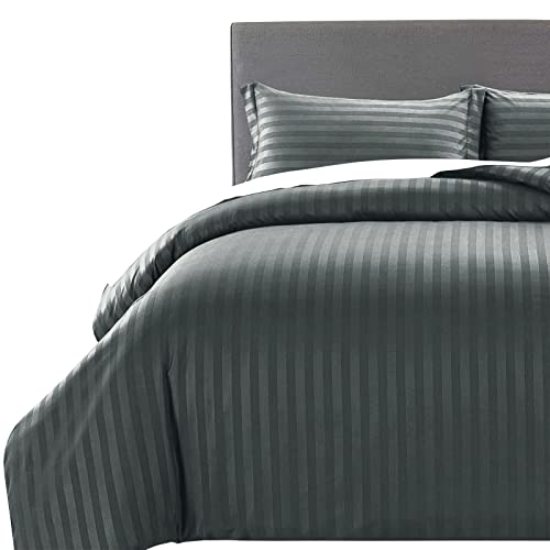 MOONLIGHT20015 Super King Bettwäsche-Set Bezug Hotelqualität Streifen Satin Bettwäsche-Sets mit 2 Kissenbezügen, wendbar, hypoallergen, weich, atmungsaktiv, Bettbezüge (Dunkelgrau, Super King)