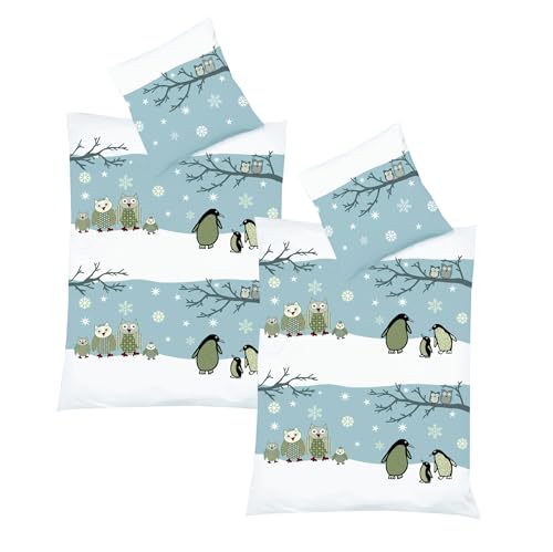 JACK by Fleuresse 4tlg. Fein Biber Bettwäsche 135x200cm Hellblau Grau Eulen + Pinguine