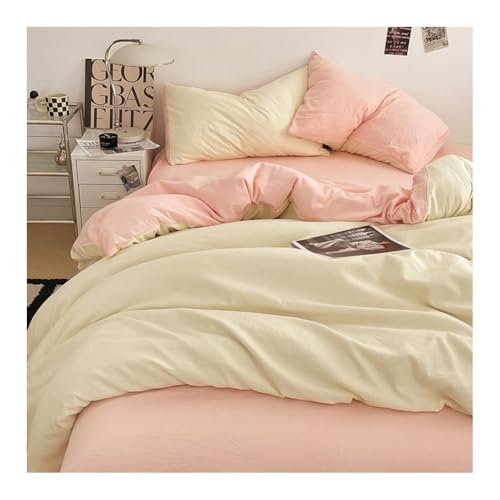 MZP Bettwäsche 180x200 Gewaschene Baumwolle 4teilig Bedding Set Bettbezug 200x230 Spannbettlaken Kissenbezug Bettwäsche-Sets atmungsaktiver Einfarbig mit Reißverschluss(Pink B,Queen)