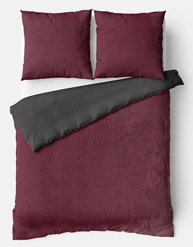 Visaggio Winter Bettwäsche 135x200 Thermo Fleece Flauschige Uni Wendebettwäsche Bettbezug warm kuschelig Bordeaux Grau