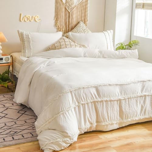Tospass Quaste Bettwäsche Set 200x200cm Weiß Fransen Boho Mädchen Bettwaren-Sets Gewaschene Microfaser Unifarben Deckenbezug Bettbezug mit Reißverschluss und 2 Kissenbezug 80x80cm