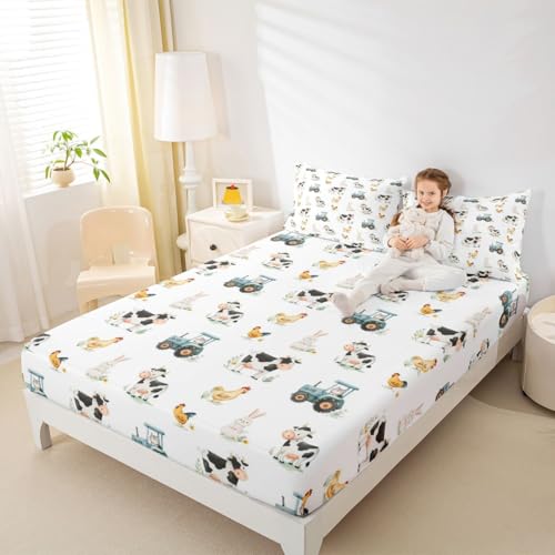 Manfei Süße Kühe Hühner Einbaublech S Größe,Landwirtschaftlic her LKW Traktor Bettwäsche Sets Mädchen Jungen Erwachsene Zimmer Dekor,Rustikale Bauernhof-Tiere Bettblatt, 1 Kissenbezug