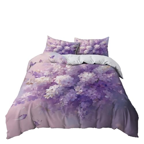 Lila Bettwäsche-Sets 200x200 cm, Pflanze Blume Lila Flieder Bettwäsche Weiche Mikrofaser Allergiker 3 Teilig Bettbezug mit Reißverschluss für Teenager Erwachsene