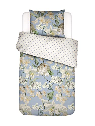 ESSENZA Bettwäsche Rosalee Iceblue Satin Blumen Blüten Lilien Hortensien Floral Eisblau Punkte Gepunktet, Größe:135 cm x 200 cm, Farbe:Iceblue