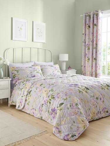 Dreams & Drapes Heritage Florette Tagesdecke (230 x 230 cm), Gesteppte Tagesdecke, violett, passende Bettwäsche und Vorhänge erhältlich, violetter Bettbezug