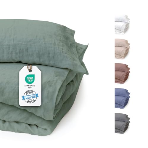 BLUE MOON Bettwäsche 140x200 Leinenbettwäsche [ÖKO-TEX] - 2teilig - 1 Bettbezug 140 x 200 + 1 Kissenbezug 70x90 cm - Luxuriöse Leinen Bettwäsche aus 100% Leinen - Made in EU - Stone Washed - grün