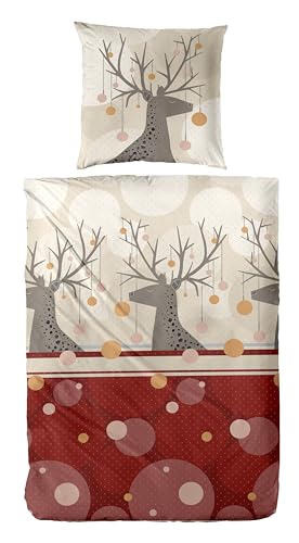 Carpe Sonno warme Biber Bettwäsche 135x200 Winter | Flanell Bettwäsche 135 x 200 Baumwolle | Feinbiber Bettbezug Weihnachten | Winterbettwäsche kuschelig - Weihnachtsbettwäsche Hirsch Elch