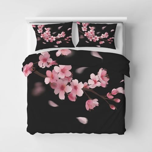 Generisch Bettwäsche Kirschblüten, Bettwäsche 220x240cm Japanisch Asiatisch Oriental, Weiche Angenehme Mikrofaser 3 Teilig mit Reißveschluss 2 Kissenbezüge Wendebettwäsche Bettbezug Set K&8