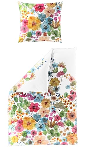 JACK by Bierbaum Mako Satin Bettwäsche 135x200cm 2 TLG. Blumen Blumenwiese Bunt Digitaldruck