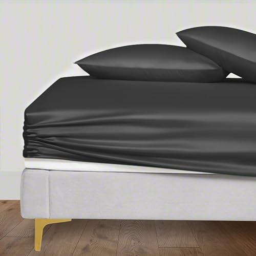LINENWALAS Spannbettlaken aus 100 % Tencel-Lyocell, mit sicherer, eng anliegender Passform, Rundumgummi, 40 cm tiefes Spannbetttuch, weichste kühlende Eukalyptus-Seide Bettwäsche (Anthrazit,