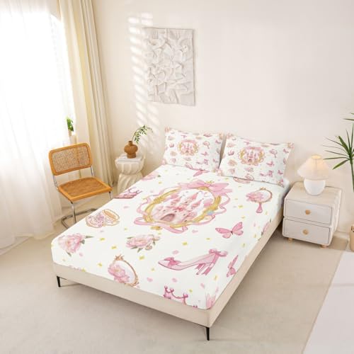 Manfei Mädchen Schloss Einbaublech S Größe,Rosa Prinzessin Mädchen Bettwäsche Sets Kinder Mädchen Jungen Zimmer Dekor,Blumen Krone High Heels Blatt Set, 1 Kissenbezug