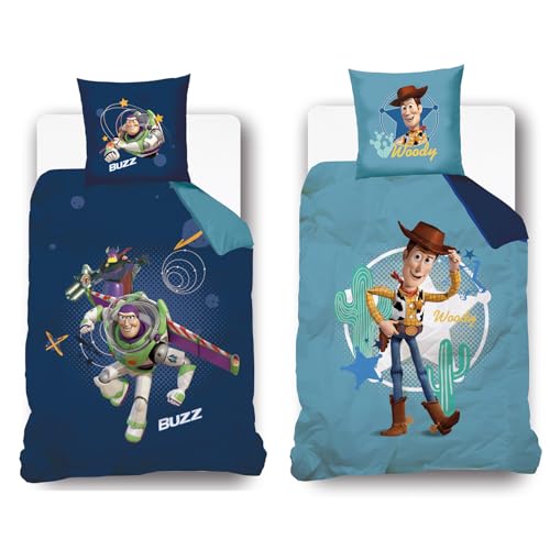 Disney Wendbarer Bettbezug Toy Story – Vorderseite Buzz der Blitz – Rückseite Woody – 140 x 200 cm + 1 Kissenbezug – 100 % Baumwolle – Blau