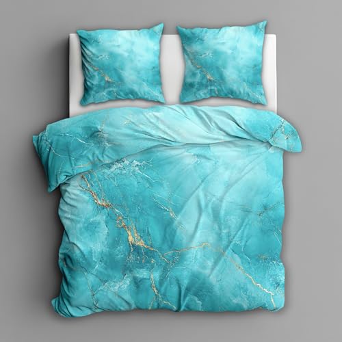 Generisch Marmor Türkis Bettwäsche 135x200 2tlg, 1 Kissenbezüge 80x80 - Abstrakt Design Wendebettwäsche, Weiche Mikrofaser Bettbezug mit Reißverschluss, Deko & Geschenke - Fv14