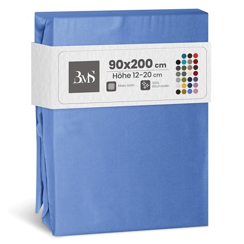 Bettwaesche-mit-Stil Mako Satin Spannbettlaken Spannlaken Spannbetttuch (90 cm x 200 cm, Matratzenhöhe 12-20 cm, Hellblau)