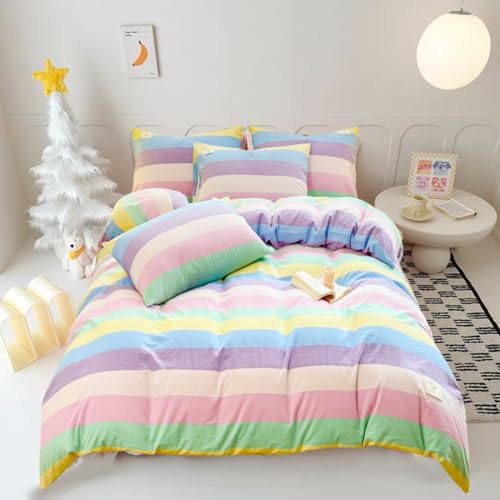 LOMUG Mädchen Bettwäsche 135x200 Bunt Regenbogen Streifen Baumwolle Kinderbettwäsche Regenbogen Einzelbettbezug Set Teenager Kinder Bettbezug Wendebettwäsche mit Reißverschluss und Kissenbezug 80x80