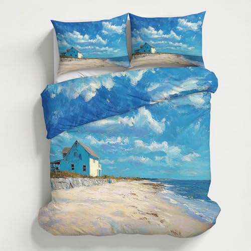 Generisch Bettwäsche Hütte 135x200, Microfaser Bügelfreie Strand Meer ölgemälde Bettbezug und 1 Kissenbezüge 80 x 80, Bettwäsche-Sets 2teilig mit Reißverschluss LGS19sL