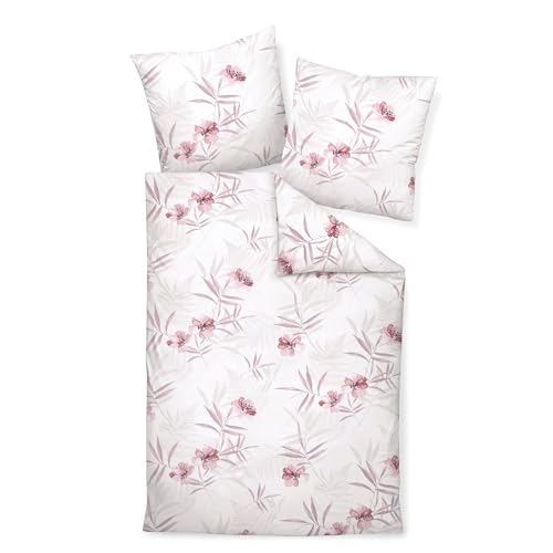 Traumschloss Premium Flanell Bettwäsche - rosa Blüten und blätter auf hellem Hintergrund,155x220 / 80x80,