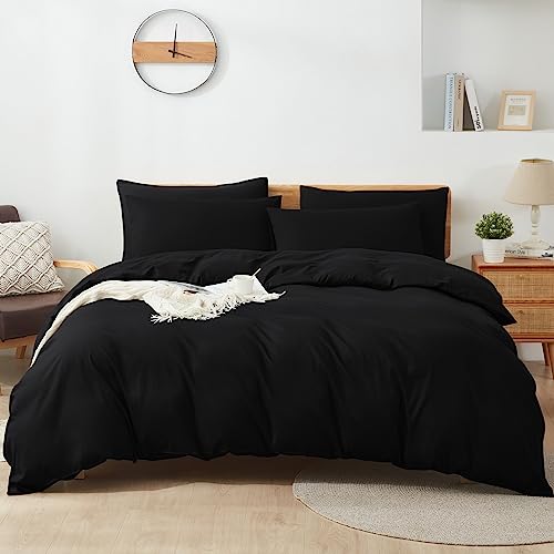 Bettwäsche 200x200 Baumwolle Schwarz, 100% Baumwolle Bettbezug aus Atmungsaktive, Bettwäsche-Set mit 2 Kissenbezüge 80x80 cm+ 1 Bettbezug mit Reißverschlus