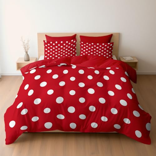 Bettwäsche 240 x 220 cm 3-teilig – Bettwäsche Set Rot mit Bettbezug und 2 Kissenbezügen 80x80 cm, Wendebettwäsche Einfach Rot Weiß Punkte mit Reißverschluss