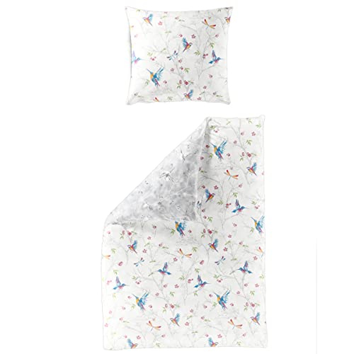 Bierbaum 2-teiliges Mako Satin Bettwäsche Set in 155x220 + 80x80 cm Design 3531-01 weiß bunt Blumen Vögel Libelle