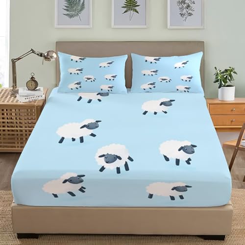 Niedliches Schafmuster Einzelbett Spannbettlaken 3 Teilig Weiches Mikrofaser Bettlaken 90x200 cm Bequem Anti-Falten und Schrumpf Hellblau Bettwäsche-Sets Mit 30 cm Tiefe Tasche