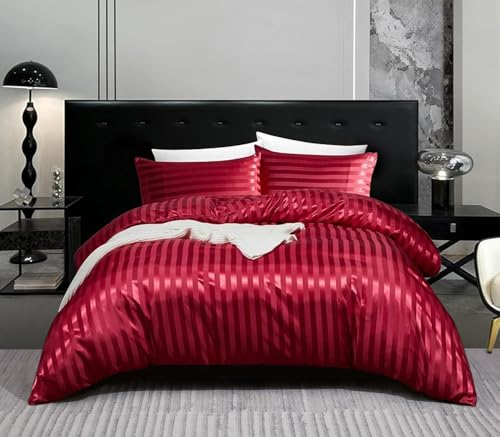 Gezu Satin Bettwäsche 155x220cm Weinrot Rot Glänzend Silky Satin Gestreift Sommer Bettwäsche Set Glänzend Luxus Uni Seide Reissverschluss Bettbezug Set mit Gestreift Muster und Kissenbezüge 80x80cm Gezu Satin Bettwäsche 155x220cm Weinrot Rot Glänzend Silky Satin Gestreift Sommer Bettwäsche Set Glänzend Luxus Uni Seide Reissverschluss Bettbezug Set mit Gestreift Muster und Kissenbezüge 80x80cm