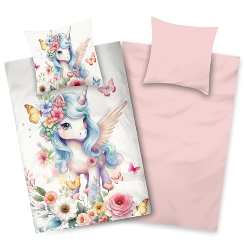 Aminata kids Bettwäsche 135x200 aus 100% Baumwolle | Mädchen-Bettwäsche-Set mit niedlichem Einhorn & Pegasus Motiv | Wende-Kinderbettwäsche weiß rosa mit YKK-Reißverschluss Aminata kids Bettwäsche 135x200 aus 100% Baumwolle | Mädchen-Bettwäsche-Set mit niedlichem Einhorn & Pegasus Motiv | Wende-Kinderbettwäsche weiß rosa mit YKK-Reißverschluss