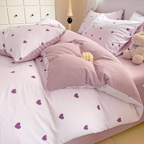 Freyamy Liebe Bettwäsche 135x200cm 2teilig Lila Violett Herz Mädchen Bettwaren-Sets 100% Microfaser Liebesmotiv Romantisch Bettbezug mit Reißverschluss und Kissenbezug 80x80cm