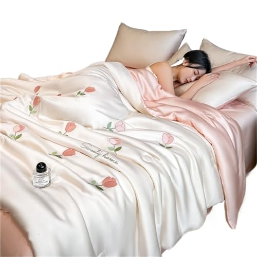 Seidenbettwäsche-Set Coole Sommer-Eisseide-Sommerste ppdecke, vierteilige Sets, Stickerei, dünne Steppdecke, Bettlaken mit Kissenbezügen, Bettwäscheset for Klimaanlagen(05 Pink,150x200cm 3pcs)