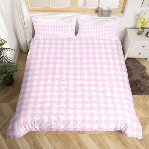 Rosa Gitter Bettbezug L Größe,Pink Checkered Einfach Bettwäsche Sets Frau Männer Erwachsener Zimmer Dekor,Pink Checkered Einfach Quilt Abdeckung, 2 Kissenhülle