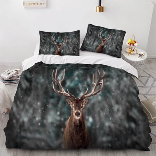 Elch Kinder Bettwäsche 155x200 Hirsch 3 Teilig Bettbezug 155 x 200 cm 3D Bettwäsche-Sets Weiche Bettbezug Set Waldtiere Bettbezüge Set und 2 Kissenbezüge a.2042