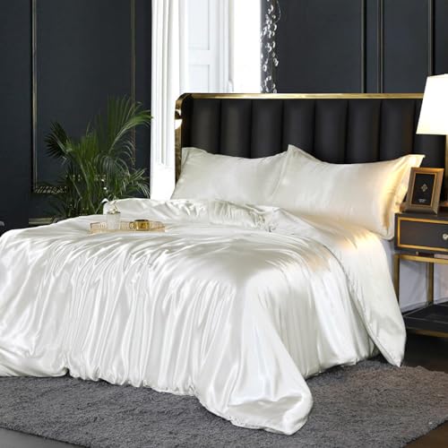 DXHOME Bettwäsche 200x200 Satin Weiß Beige Creme Glänzend Glatt Seide Uni Seidenbettwäsche Bettbezug Set Luxus Glanzsatin Microfaser Bettwäsche-Sets mit Reissverschluss und Kissenbezüge 80x80 cm