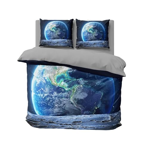 FEBE 3D Bettwäsche Galaxis Planet Erde Bettbezug-Set 135x200 + Kissenbezug 80x80 cm Wendebettwäsche 2 Teilig mit Reißveschluss
