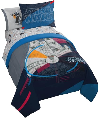 Jay Franco Kinder-Bettwäsche-Set mit Laken und Kissenbezügen, weiches und gemütliches Bettwäsche-Set für stilvolle Raumdekoration, Dunkelblau – Star Wars, 5-teiliges Bettwäsche-Set für Doppelbetten