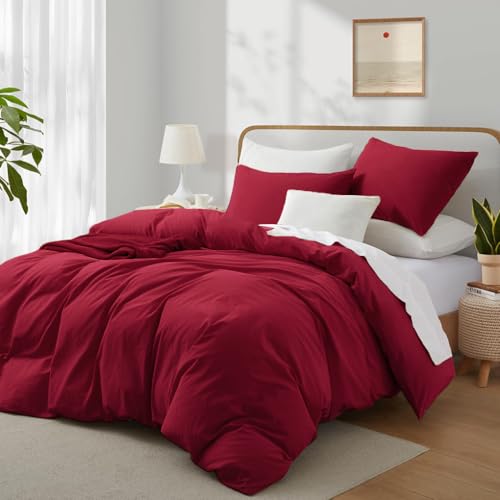 Boqingzhu Baumwolle Bettwäsche 220x240cm Rot Einfarbig Uni Ästhetik Doppelbett Weich Renforce Baumwollbettwäsche Bettbezug 220x240cm und 2 Kissenbezüge 80x80cm mit Reißverschluss