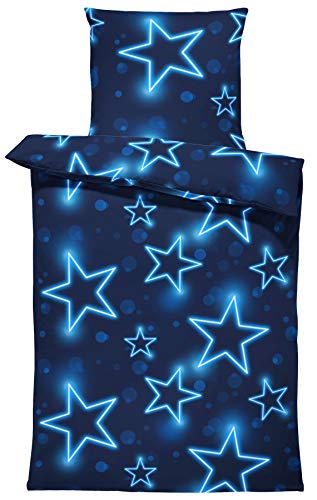 one-home Sterne Bettwäsche 135x200 cm Stern Stars dunkel blau leuchtoptik Mikrofaser Set