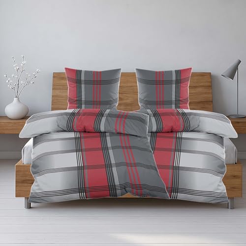 Casa Colori Biber Bettwäsche 135x200 cm 4 TLG. | Winter Garnitur | Baumwollmischung | mit Reißverschluss | Anthrazit Grau Rot kariert