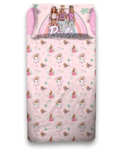 hermet - Barbie Bettlaken für Einzelbett, Bettwäsche-Set, Rosa, Mädchen, Bettwäsche für Kinderzimmer, Bettlaken, Spannbettlaken, Kissenbezug 50 x 80, 100% Baumwolle, offizielles Produkt (6337 673